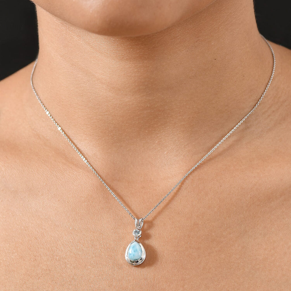 Larimar & Skyblue Topaz Ocean & Sky Pendant with Chain (Size 20) in Rhodium Overlay Sterling Silver 2.57 Ct.