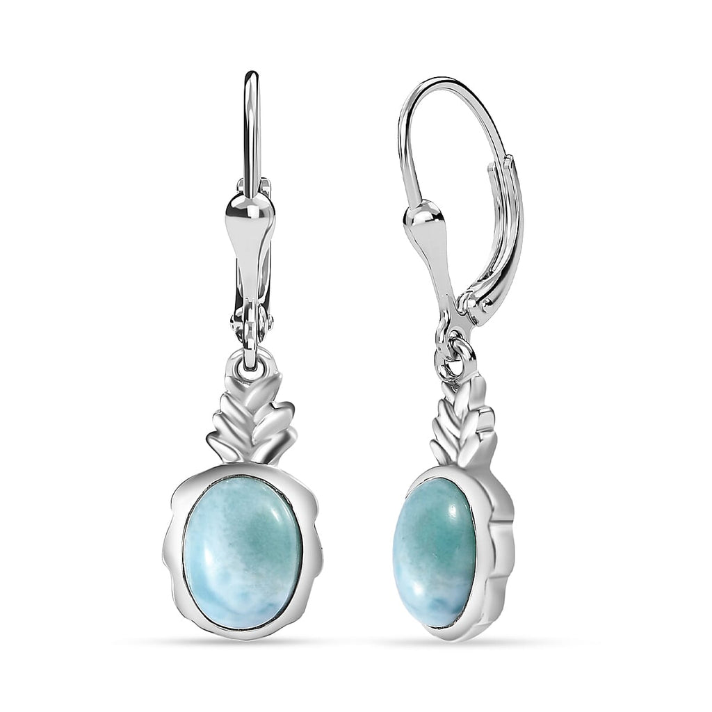 Larimar Solitaire Dangle Earrings in Platinum Overlay Sterling Silver 3.15 Ct.
