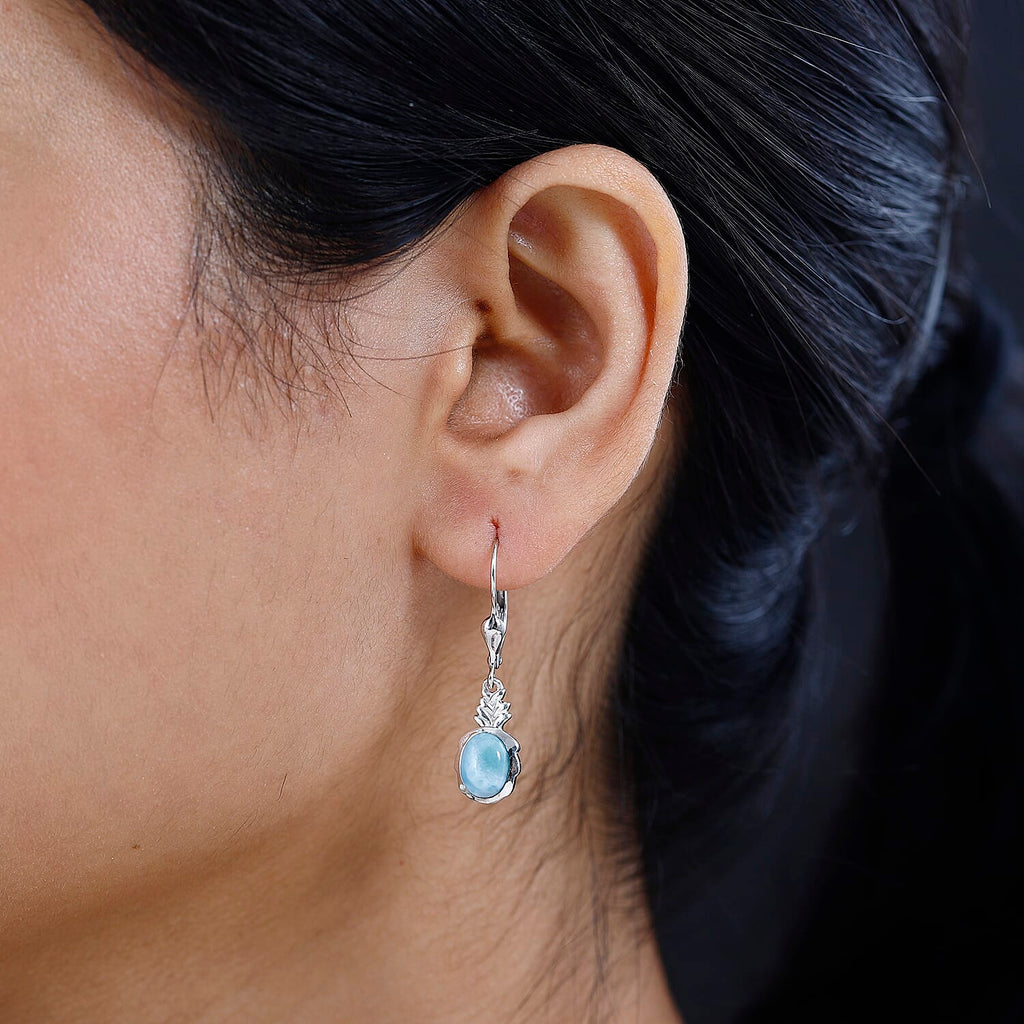 Larimar Solitaire Dangle Earrings in Platinum Overlay Sterling Silver 3.15 Ct.