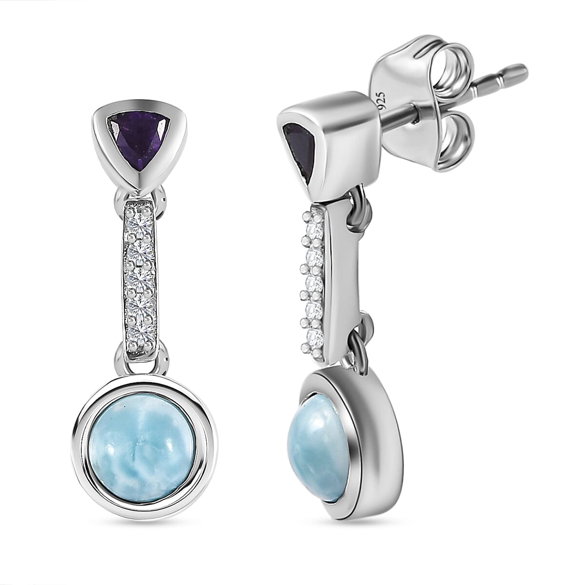 Larimar, Natural Zircon &amp; Amethyst Dangling Earrings in Platinum Overlay Sterling Silver 1.73 Ct. 7713193 0