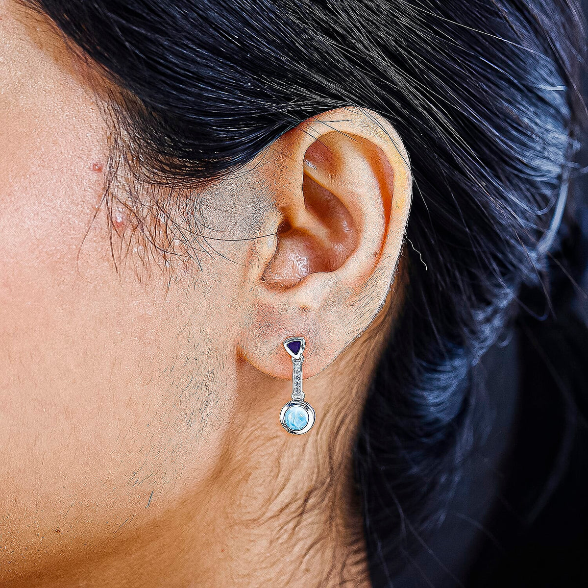 Larimar, Natural Zircon &amp; Amethyst Dangling Earrings in Platinum Overlay Sterling Silver 1.73 Ct. 7713193 3