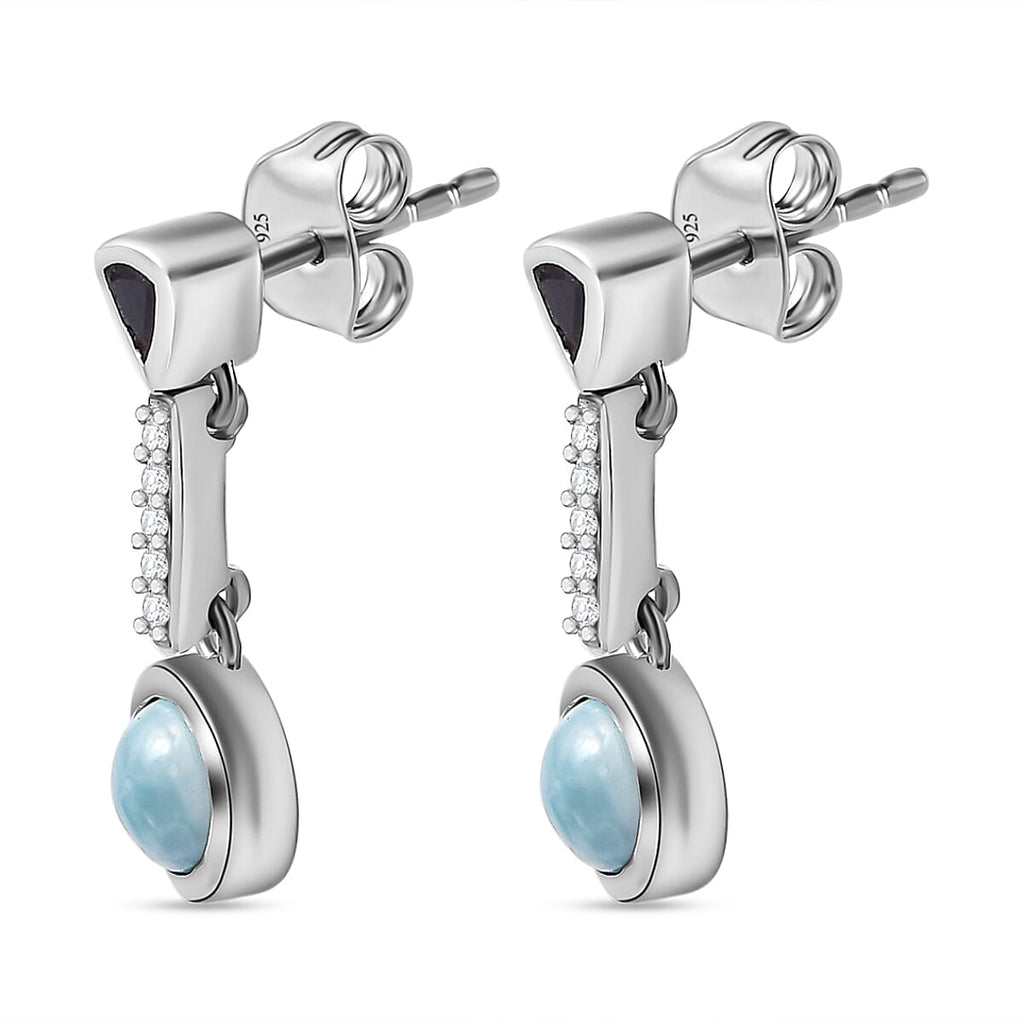Larimar, Natural Zircon & Amethyst Dangling Earrings in Platinum Overlay Sterling Silver 1.73 Ct.