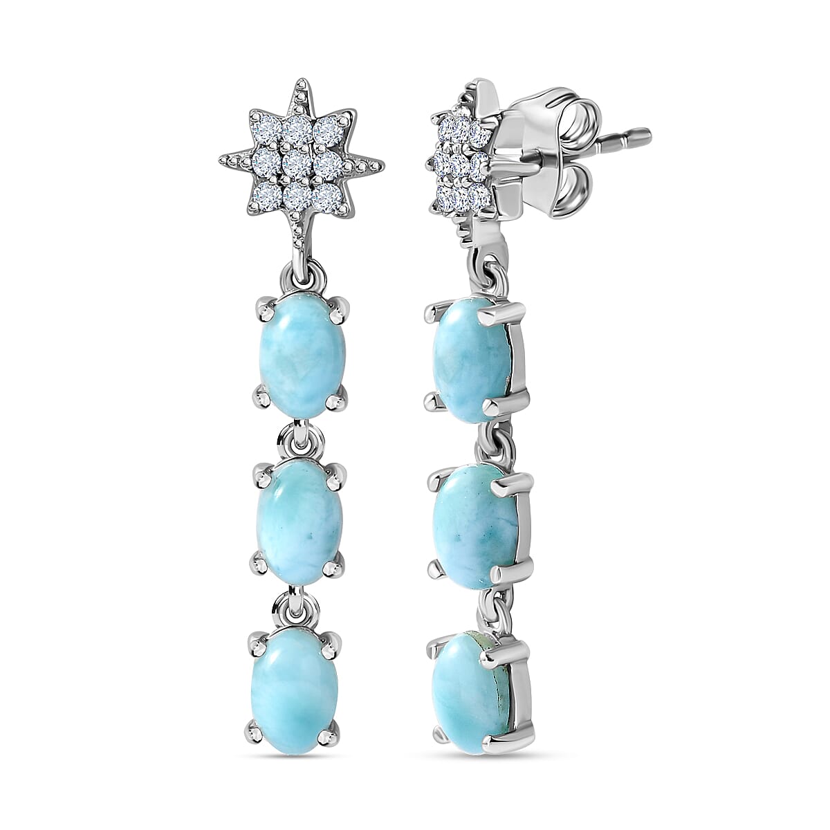 Larimar &amp; Natural Zircon Dangling Earrings in Platinum Overlay Sterling Silver 3.65 Ct. 7713197 0