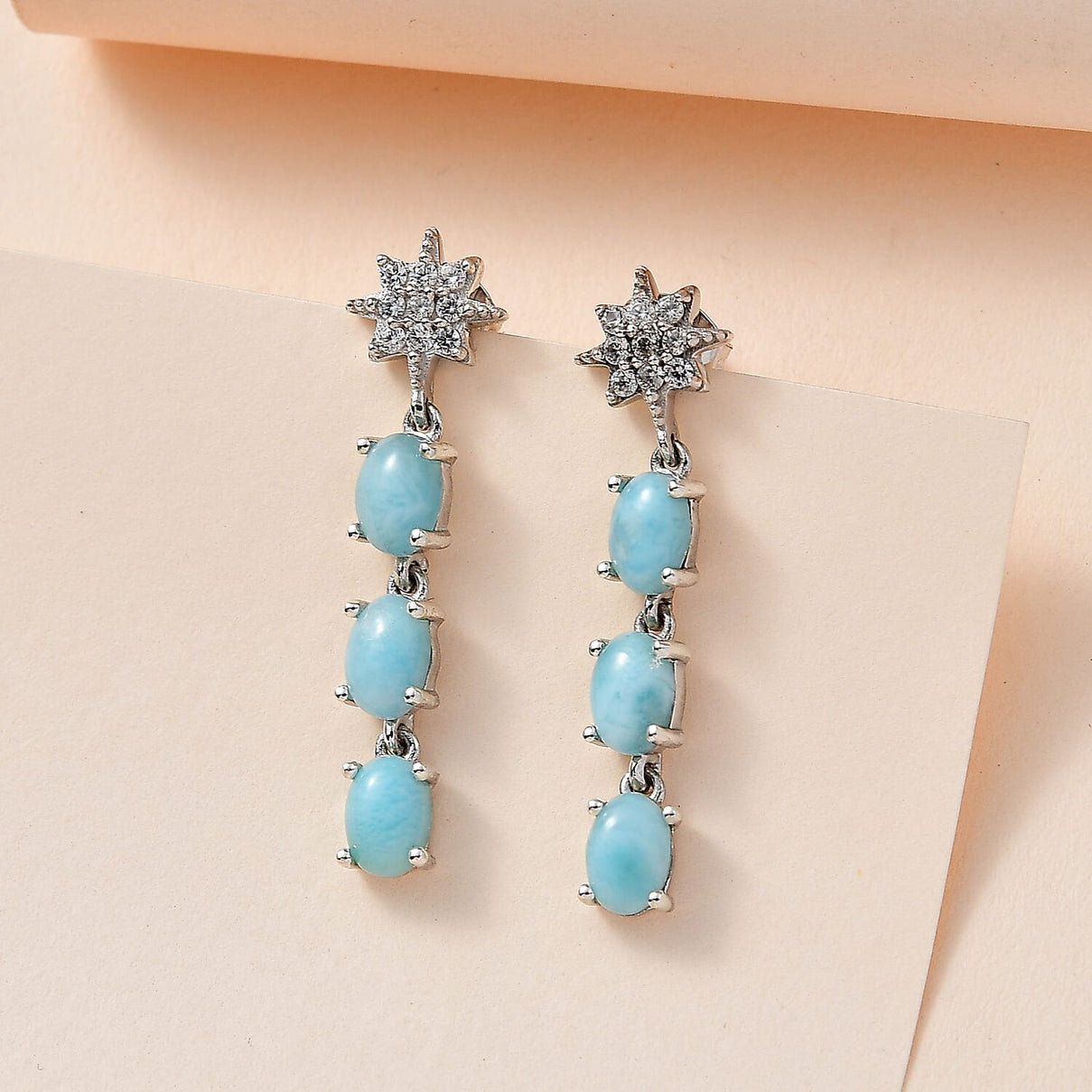 Larimar &amp; Natural Zircon Dangling Earrings in Platinum Overlay Sterling Silver 3.65 Ct. 7713197 2