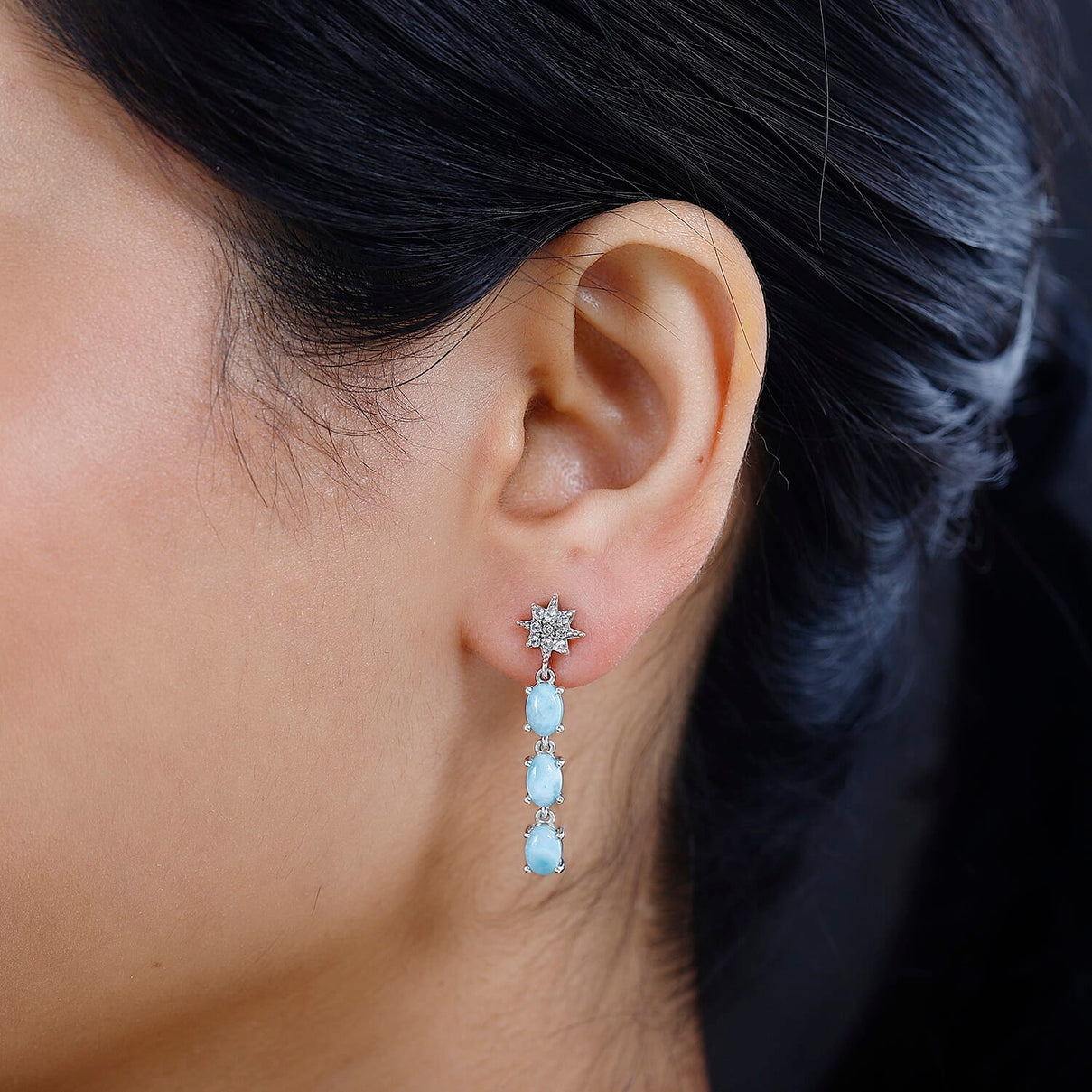 Larimar &amp; Natural Zircon Dangling Earrings in Platinum Overlay Sterling Silver 3.65 Ct. 7713197 3