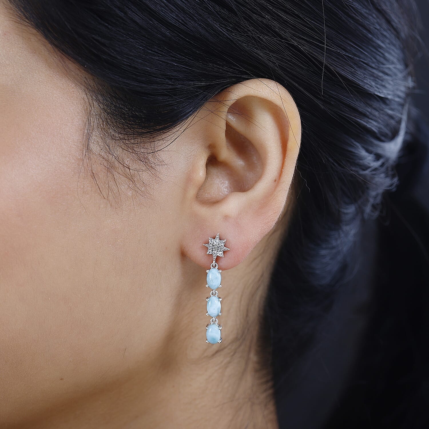 Larimar &amp; Natural Zircon Dangling Earrings in Platinum Overlay Sterling Silver 3.65 Ct. 7713197 3