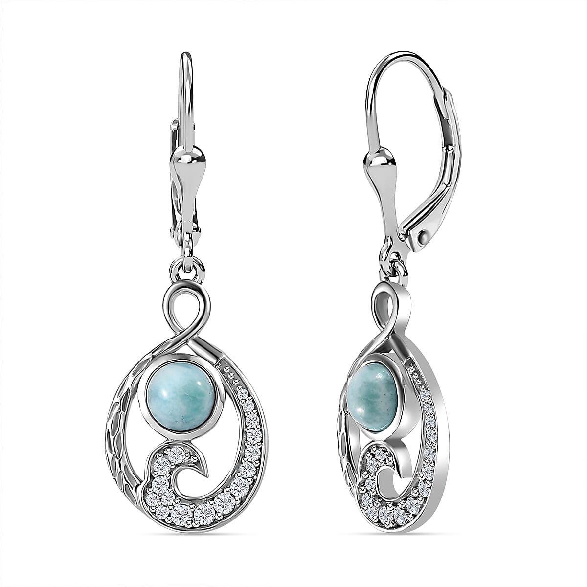 Larimar &amp; Natural Zircon Dangling Earrings in Platinum Overlay Sterling Silver 2.10 Ct. 7601308 0