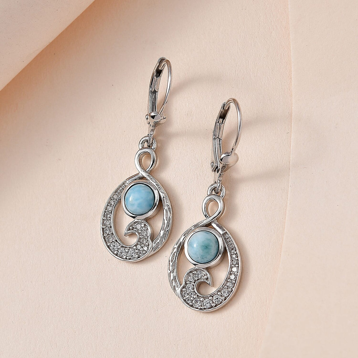 Larimar &amp; Natural Zircon Dangling Earrings in Platinum Overlay Sterling Silver 2.10 Ct. 7601308 2