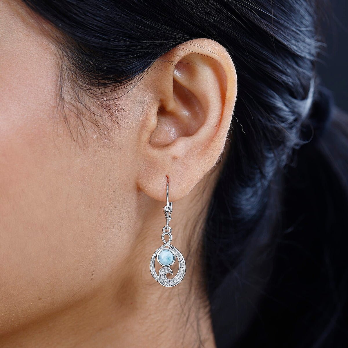 Larimar &amp; Natural Zircon Dangling Earrings in Platinum Overlay Sterling Silver 2.10 Ct. 7601308 3