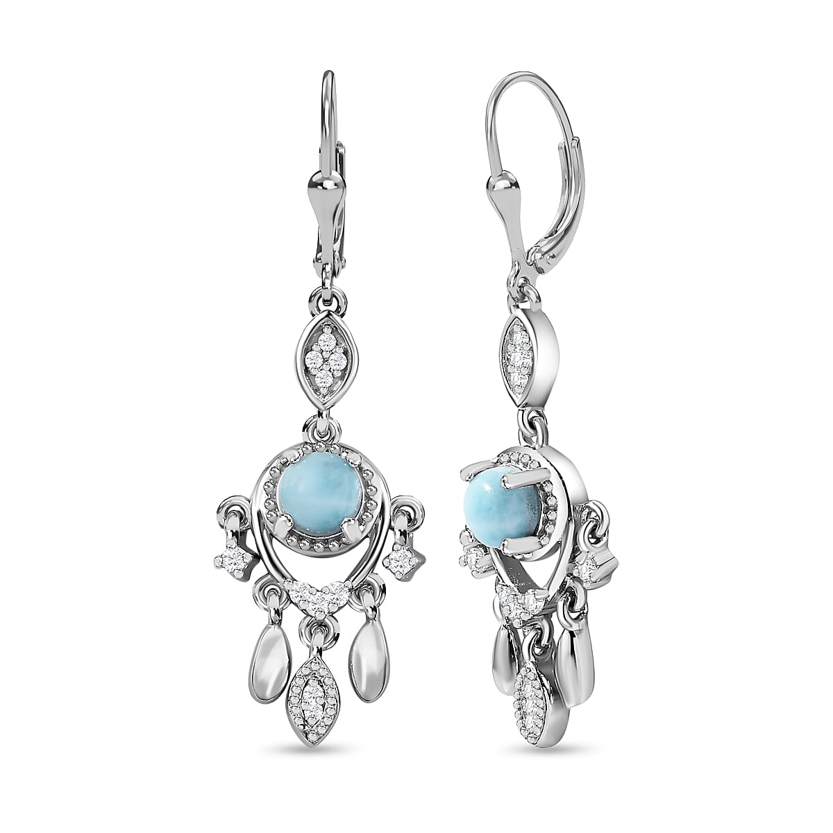 Larimar &amp; Natural Zircon Dangling Earrings in Platinum Overlay Sterling Silver 1.70 Ct. 7717884 0