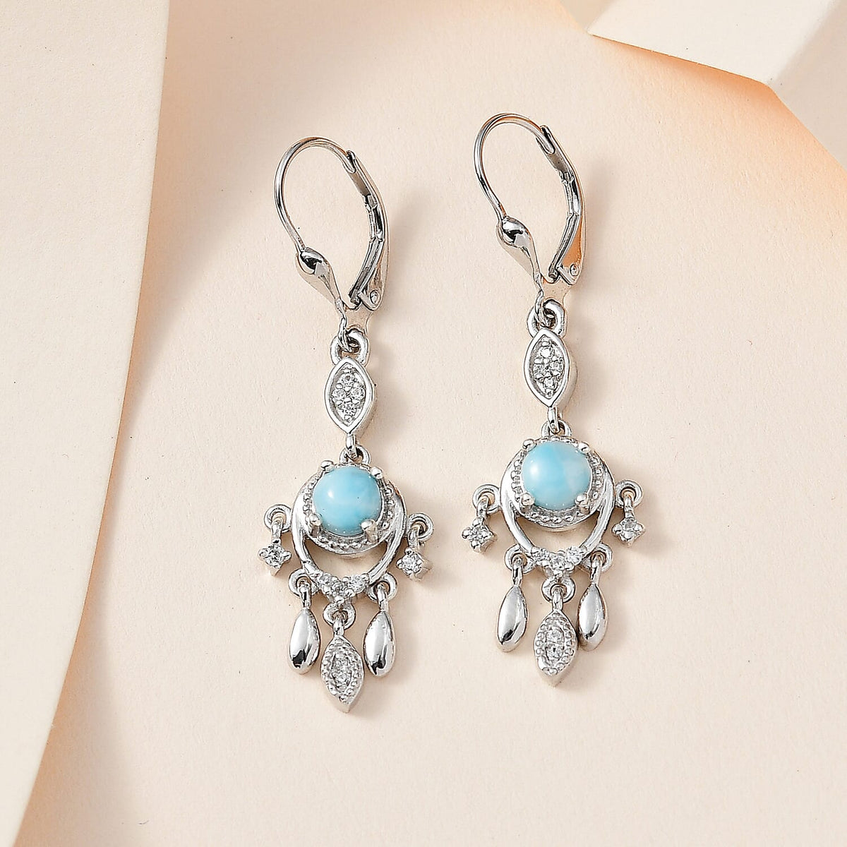 Larimar &amp; Natural Zircon Dangling Earrings in Platinum Overlay Sterling Silver 1.70 Ct. 7717884 2