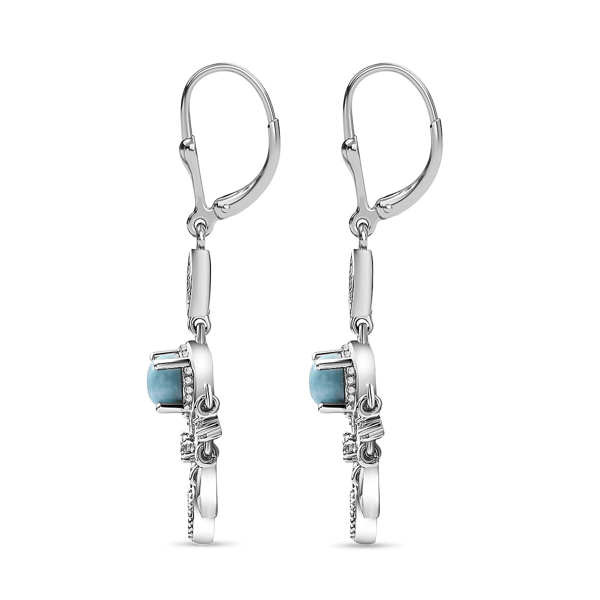 Larimar &amp; Natural Zircon Dangling Earrings in Platinum Overlay Sterling Silver 1.70 Ct. 7717884 4