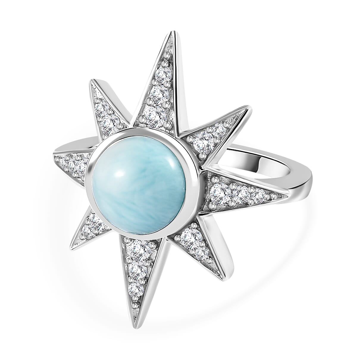 Larimar &amp; Natural Zircon Shining Star Ring in Platinum Overlay Sterling Silver 3.10 Ct, Silver Wt. 5.00 GM 7715893 0