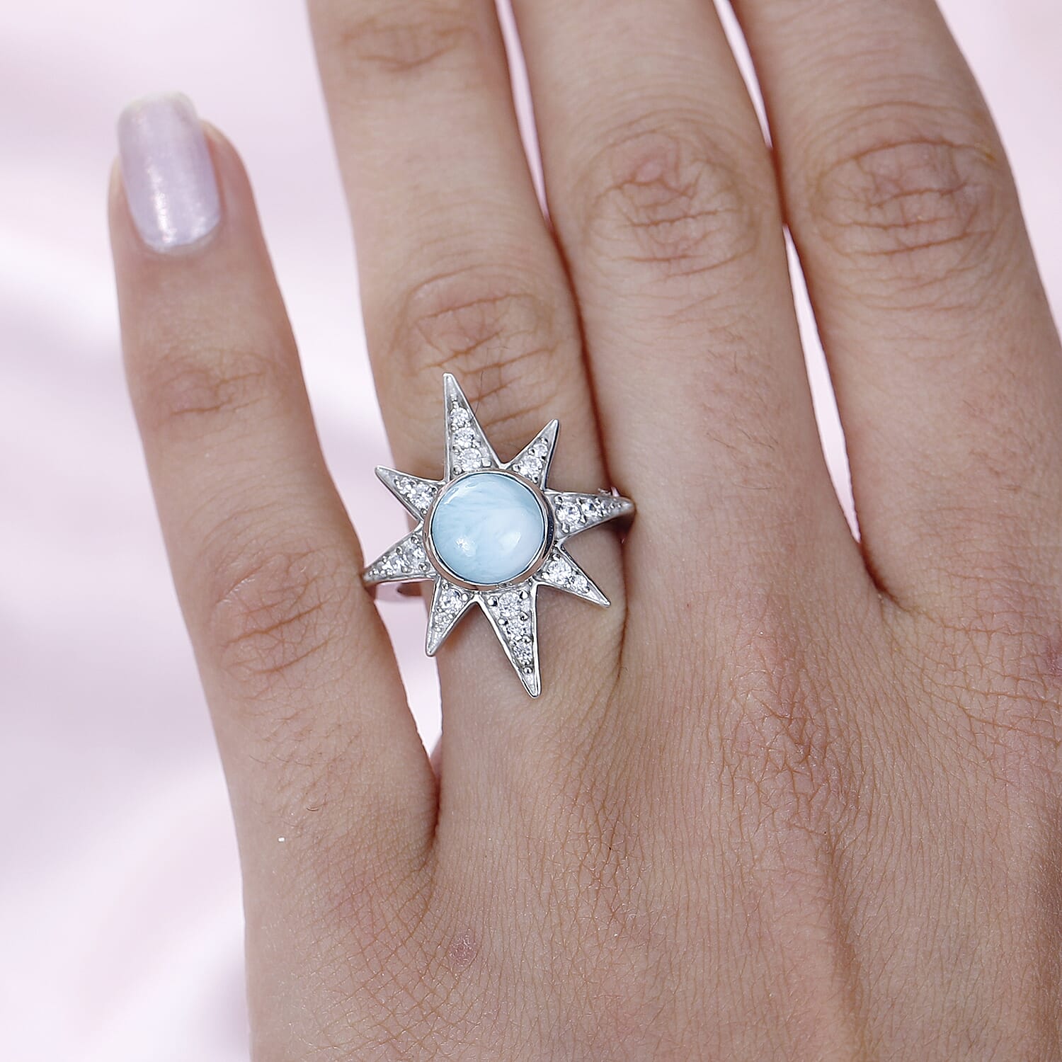Larimar &amp; Natural Zircon Shining Star Ring in Platinum Overlay Sterling Silver 3.10 Ct, Silver Wt. 5.00 GM 7715893 2