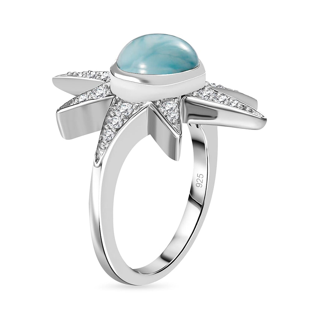 Larimar & Natural Zircon Shining Star Ring in Platinum Overlay Sterling Silver 3.10 Ct, Silver Wt. 5.00 GM