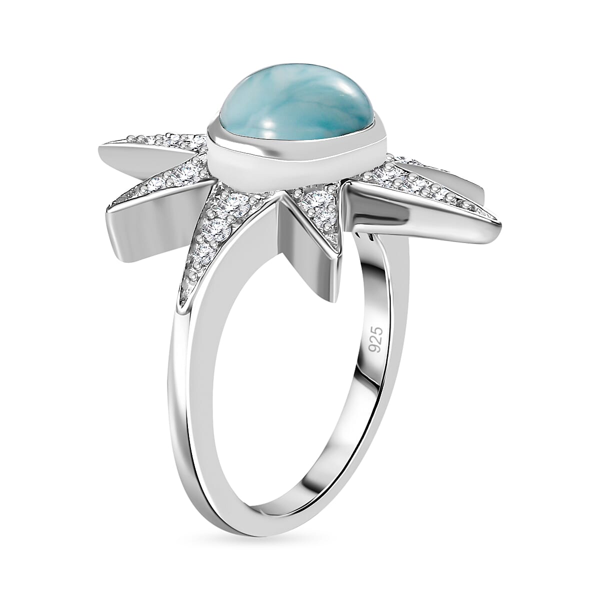 Larimar &amp; Natural Zircon Shining Star Ring in Platinum Overlay Sterling Silver 3.10 Ct, Silver Wt. 5.00 GM 7715893 3