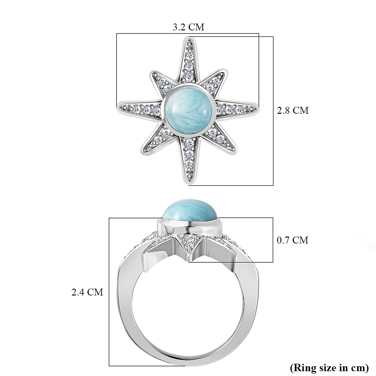 Larimar &amp; Natural Zircon Shining Star Ring in Platinum Overlay Sterling Silver 3.10 Ct, Silver Wt. 5.00 GM 7715893 5