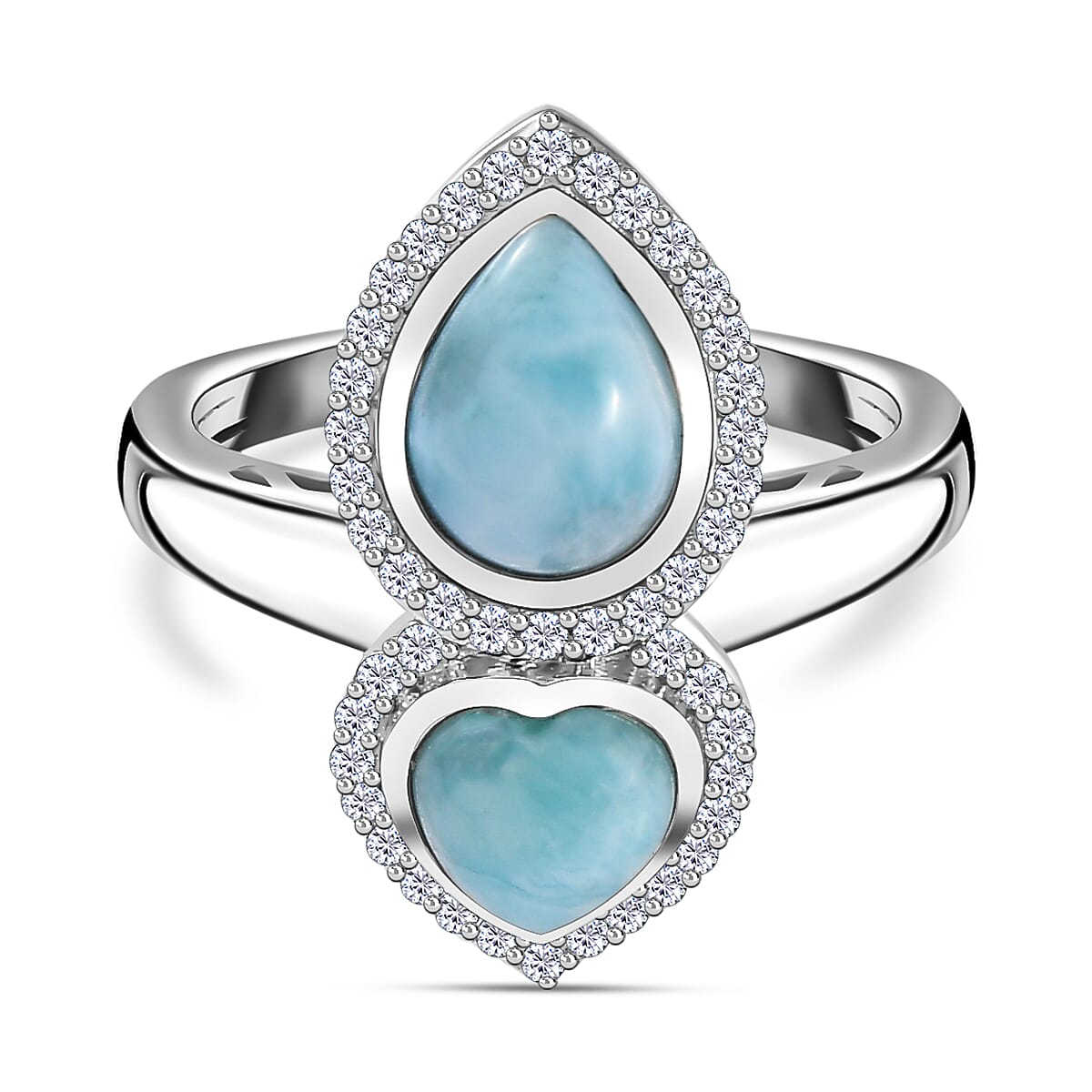 Larimar &amp; Natural Zircon Tear Drop &amp; Heart Ring in Platinum Overlay Sterling Silver 3.00 Ct. 7713182 0
