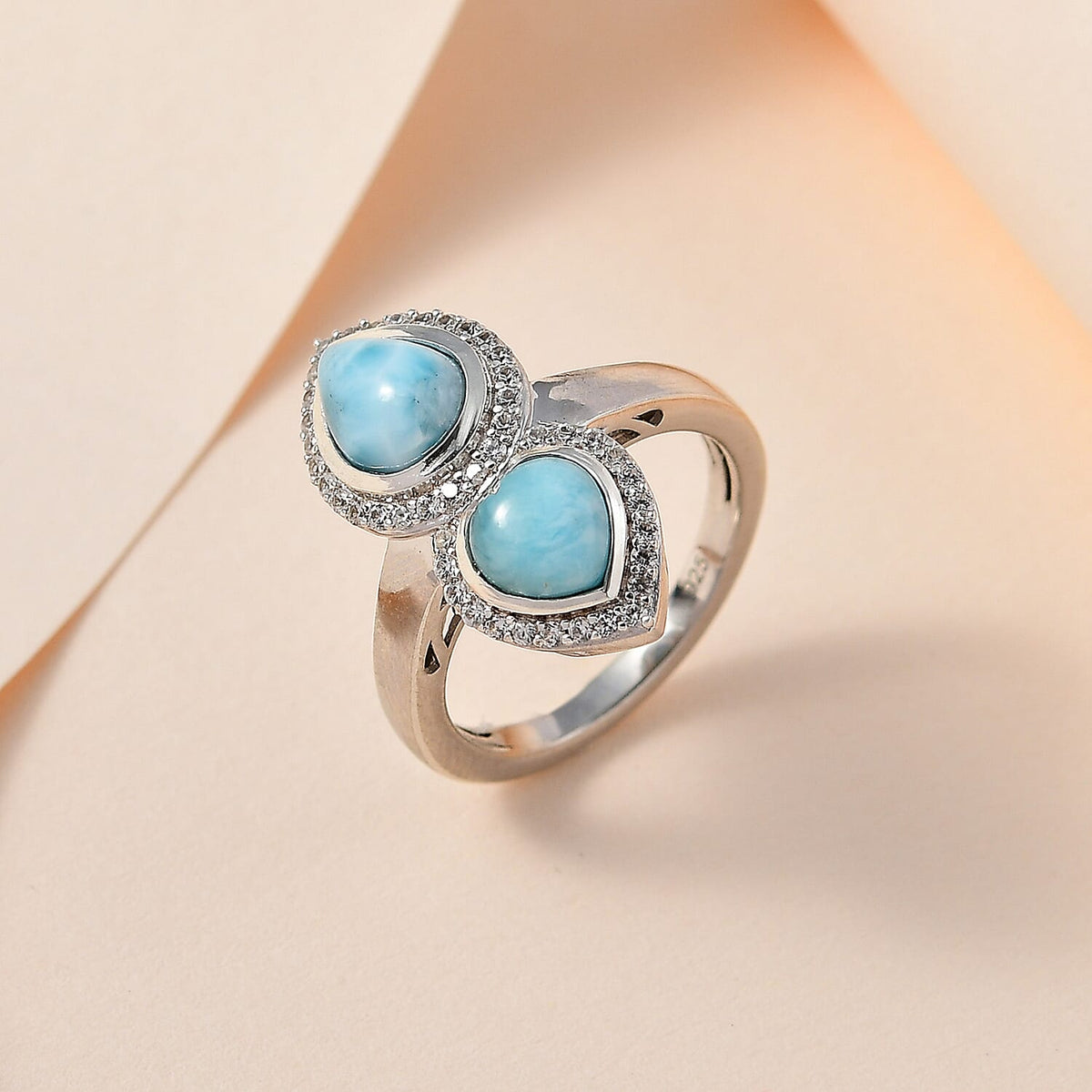 Larimar &amp; Natural Zircon Tear Drop &amp; Heart Ring in Platinum Overlay Sterling Silver 3.00 Ct. 7713182 1