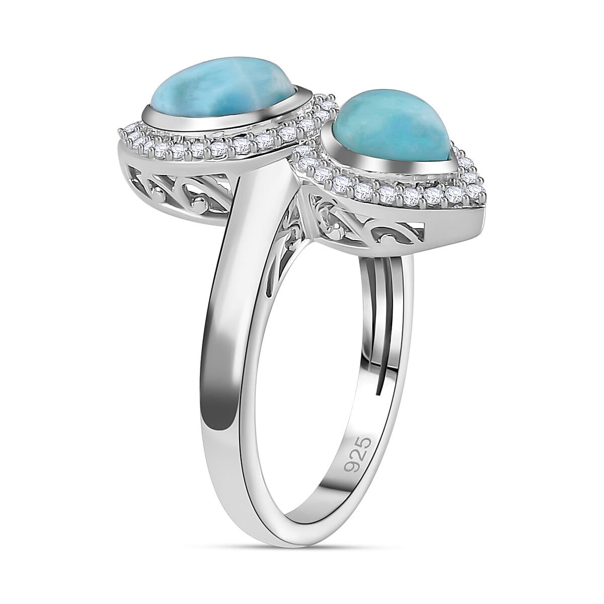 Larimar &amp; Natural Zircon Tear Drop &amp; Heart Ring in Platinum Overlay Sterling Silver 3.00 Ct. 7713182 3