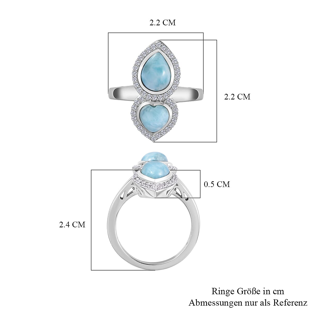 Larimar &amp; Natural Zircon Tear Drop &amp; Heart Ring in Platinum Overlay Sterling Silver 3.00 Ct. 7713182 5