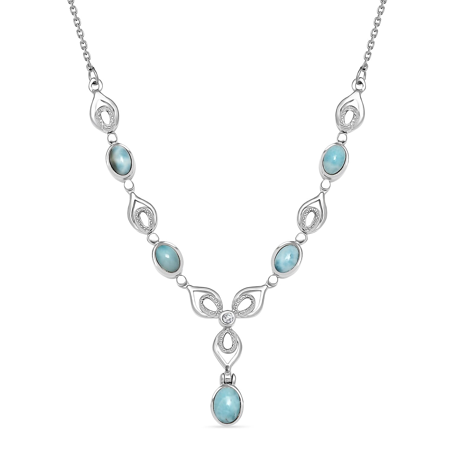 One Time Deal - Larimar &amp; White Zircon Necklace (Size - 20) 3.42 Ct. 8051463 0