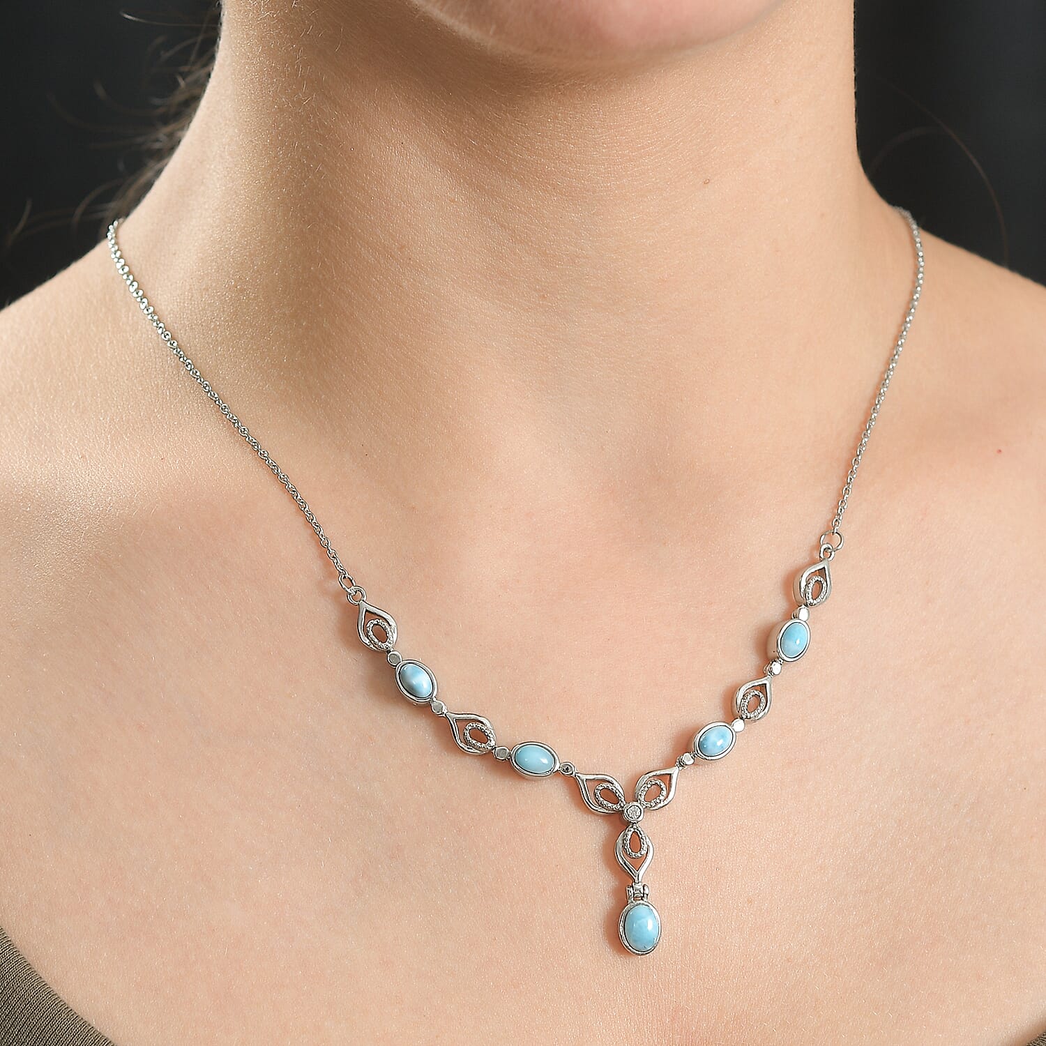 One Time Deal - Larimar &amp; White Zircon Necklace (Size - 20) 3.42 Ct. 8051463 2