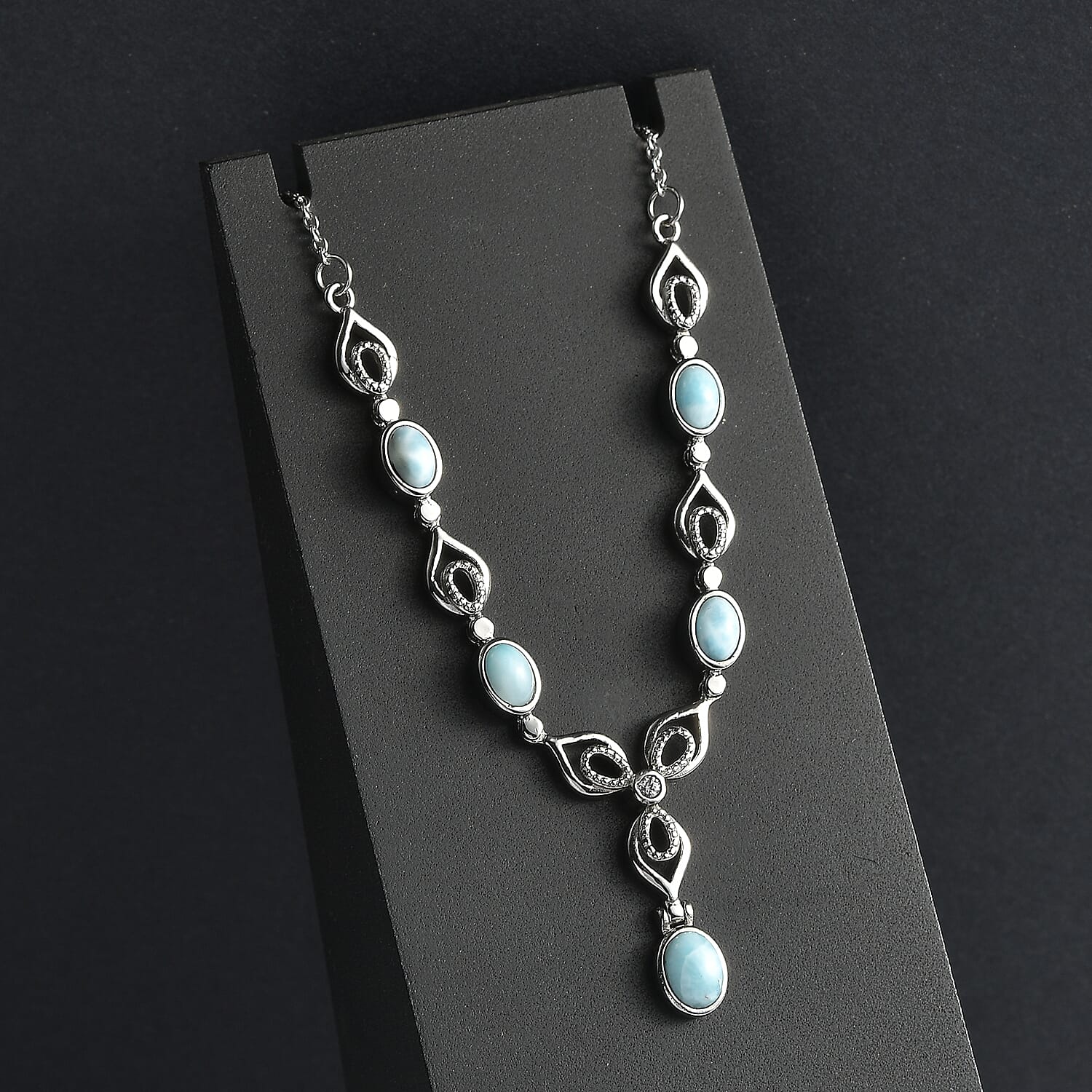 One Time Deal - Larimar &amp; White Zircon Necklace (Size - 20) 3.42 Ct. 8051463 3