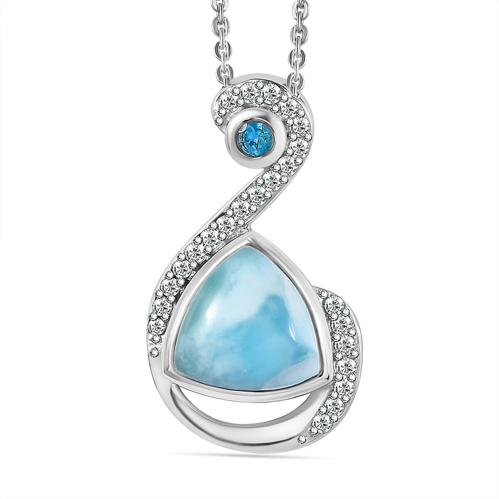 Larimar, Natural Zircon & Neon Apatite Pendant with Chain (Size 20) in Platinum Overlay Sterling Silver 2.73 Ct.