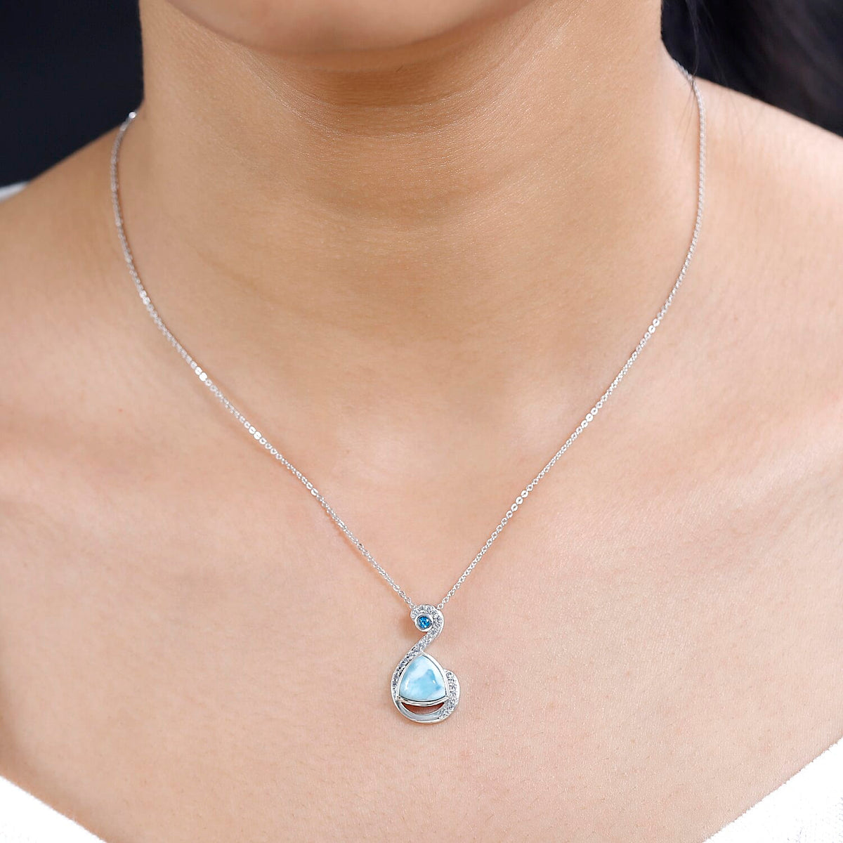 Larimar, Natural Zircon &amp; Neon Apatite Pendant with Chain (Size 20) in Platinum Overlay Sterling Silver 2.73 Ct. 4198419 2