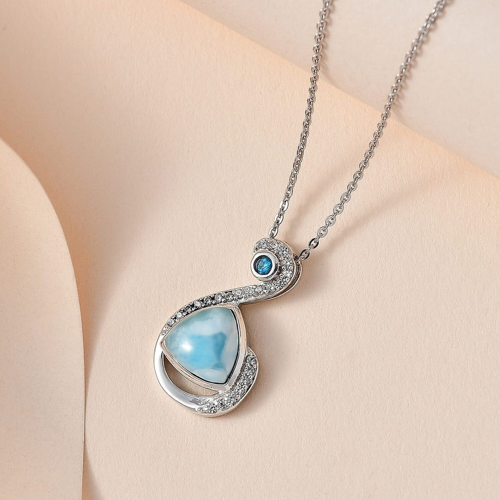 Larimar, Natural Zircon & Neon Apatite Pendant with Chain (Size 20) in Platinum Overlay Sterling Silver 2.73 Ct.