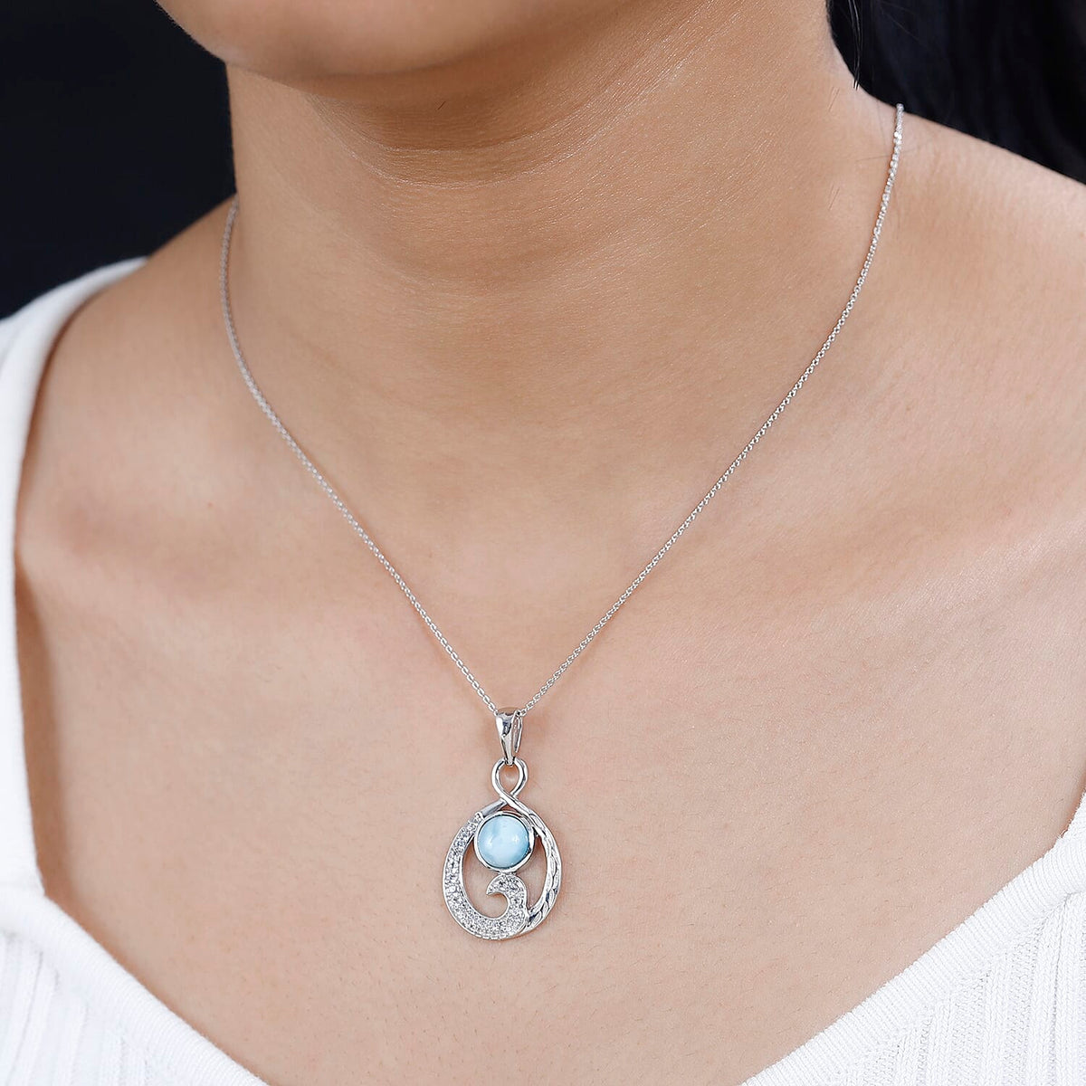 Larimar &amp; Natural Zircon Pendant with Chain (Size 20) in Platinum Overlay Sterling Silver 3.35 Ct. 4198328 2