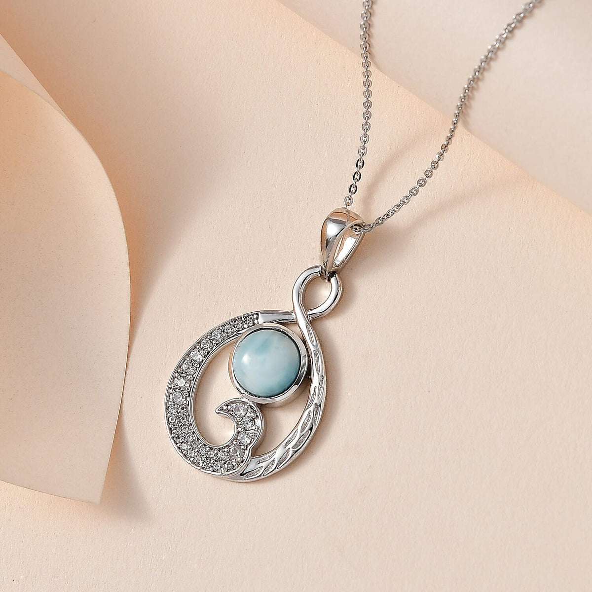 Larimar &amp; Natural Zircon Pendant with Chain (Size 20) in Platinum Overlay Sterling Silver 3.35 Ct. 4198328 3