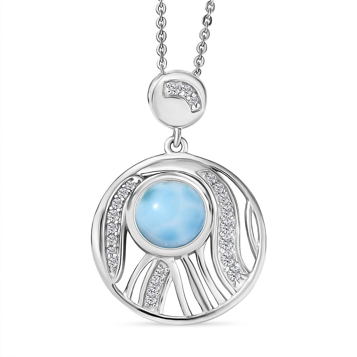 D'joy Larimar &amp; White Zircon Aqua Flow Pendant with Chain (Size 20) in Rhodium Overlay Sterling Silver 2.05 Ct. 4398486 0