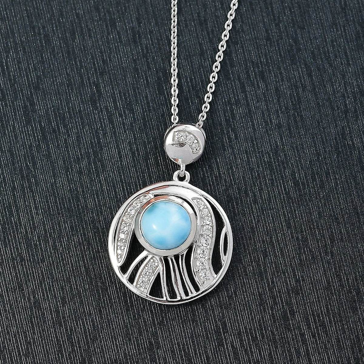 D'joy Larimar &amp; White Zircon Aqua Flow Pendant with Chain (Size 20) in Rhodium Overlay Sterling Silver 2.05 Ct. 4398486 3