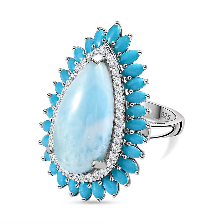 Cocktail Collection - Rare Size Larimar 20 X10 MM &amp; Arizona Sleeping Beauty Turquoise Ring with Natural Zircon in Platinum Overlay Sterling Silver 12.56 ct. 7787180 1