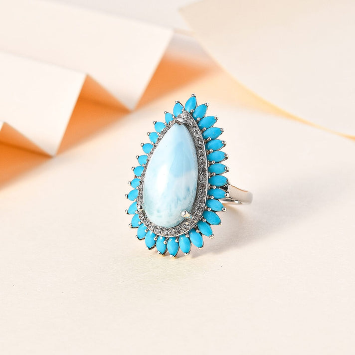 Cocktail Collection - Rare Size Larimar 20 X10 MM &amp; Arizona Sleeping Beauty Turquoise Ring with Natural Zircon in Platinum Overlay Sterling Silver 12.56 ct. 7787180 2