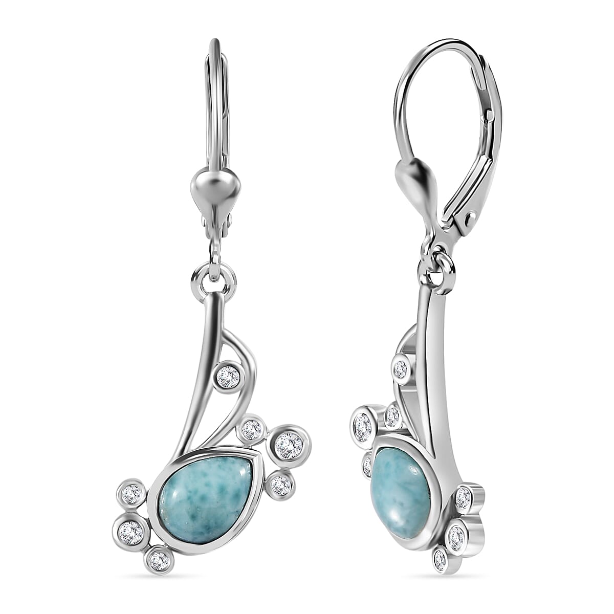 Larimar &amp; Natural Zircon Earrings in Platinum Overlay Sterling Silver 2.00 Ct. 7714508 0