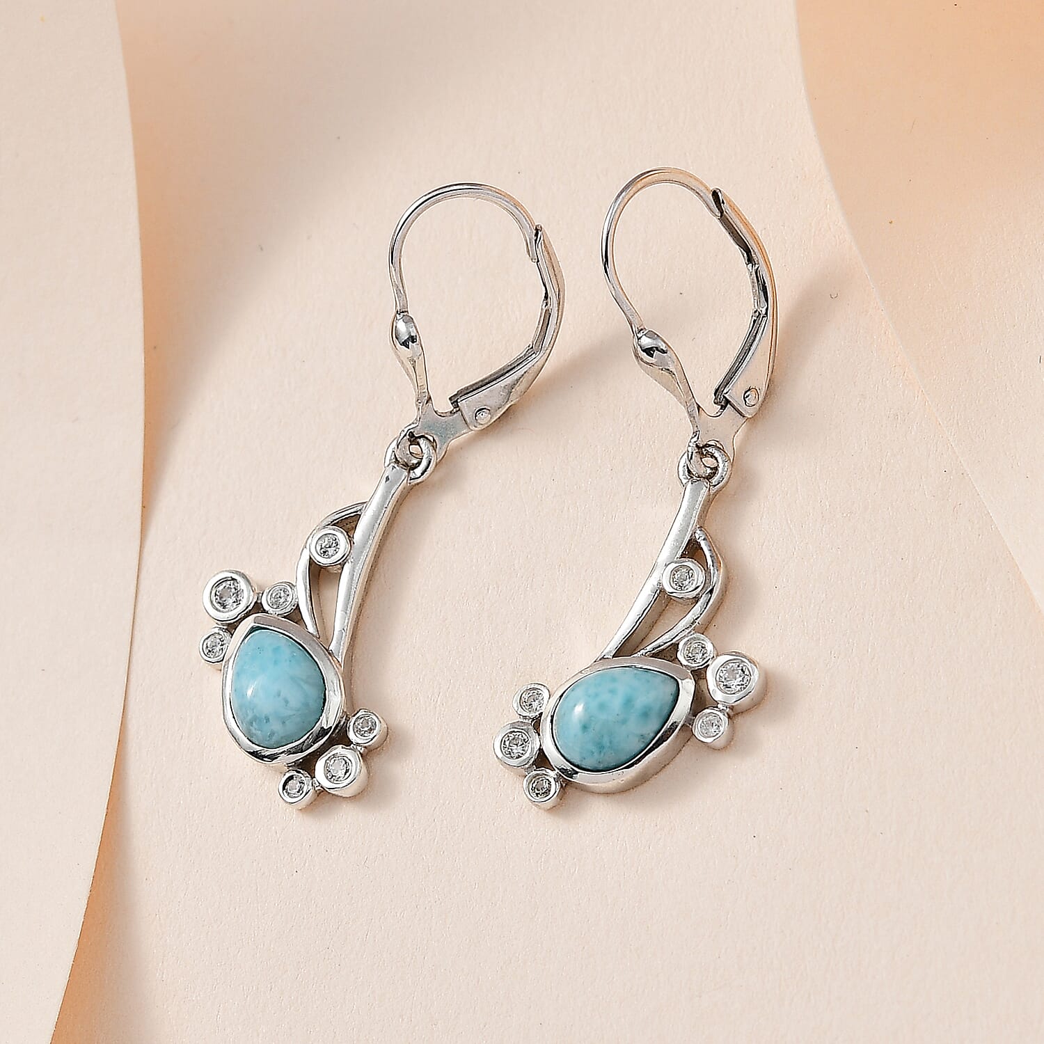 Larimar &amp; Natural Zircon Earrings in Platinum Overlay Sterling Silver 2.00 Ct. 7714508 2