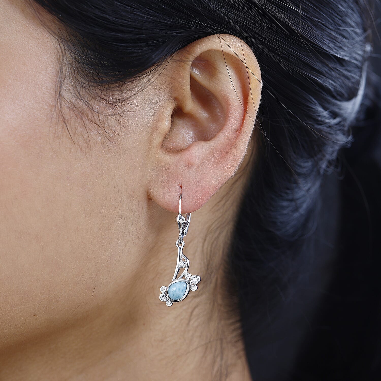 Larimar &amp; Natural Zircon Earrings in Platinum Overlay Sterling Silver 2.00 Ct. 7714508 3