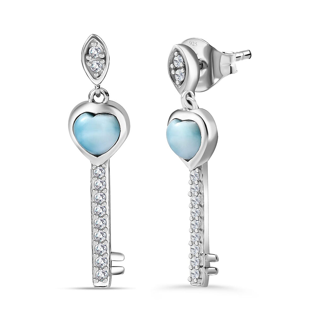 Larimar & Natural Zircon Heart Earrings in Platinum Overlay Sterling Silver 1.48 Ct.