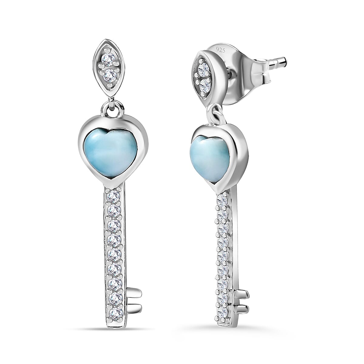 Larimar &amp; Natural Zircon Heart Earrings in Platinum Overlay Sterling Silver 1.48 Ct. 7717880 0