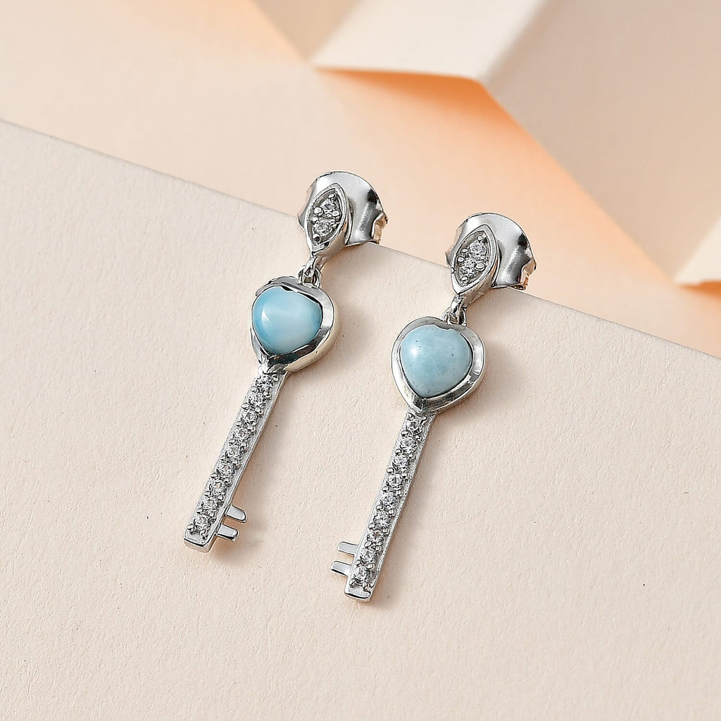 Larimar & Natural Zircon Heart Earrings in Platinum Overlay Sterling Silver 1.48 Ct.