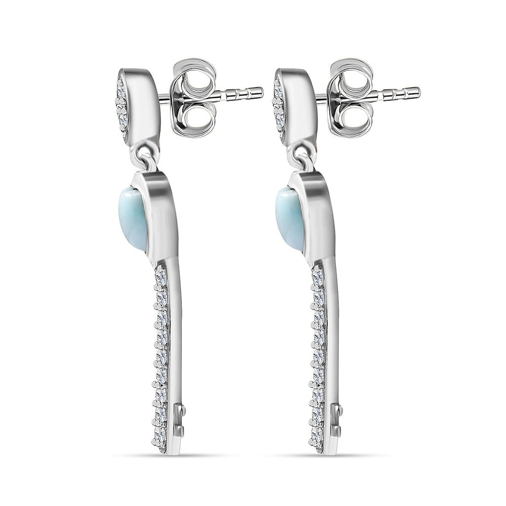 Larimar & Natural Zircon Heart Earrings in Platinum Overlay Sterling Silver 1.48 Ct.