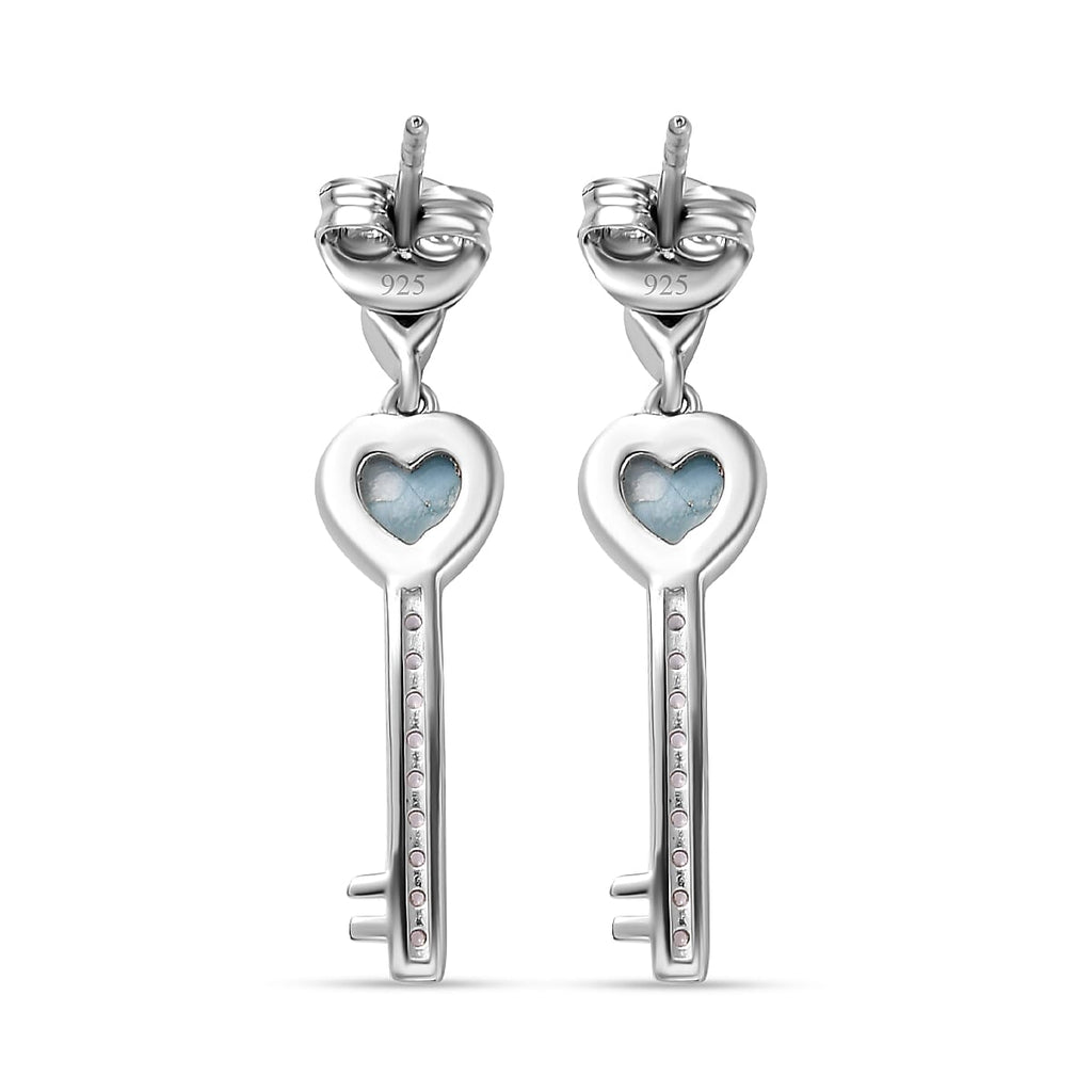 Larimar & Natural Zircon Heart Earrings in Platinum Overlay Sterling Silver 1.48 Ct.