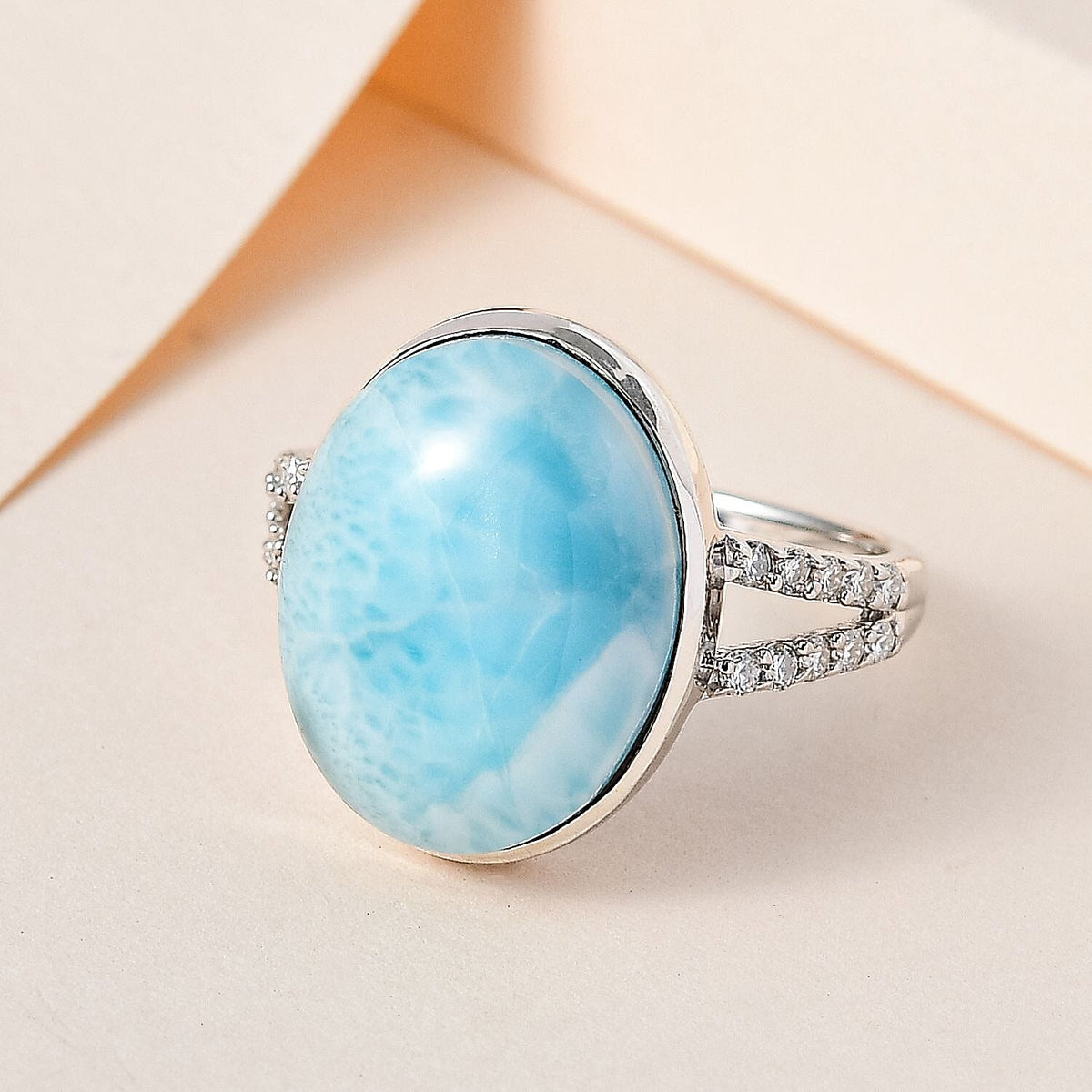 Larimar and Moissanite Ring in Platinum Overlay Sterling Silver 11.30 Ct. 7601464 2