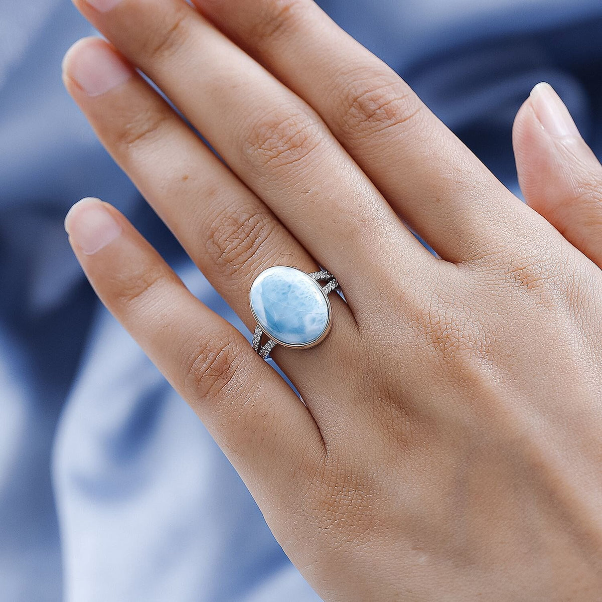 Larimar and Moissanite Ring in Platinum Overlay Sterling Silver 11.30 Ct. 7601464 3