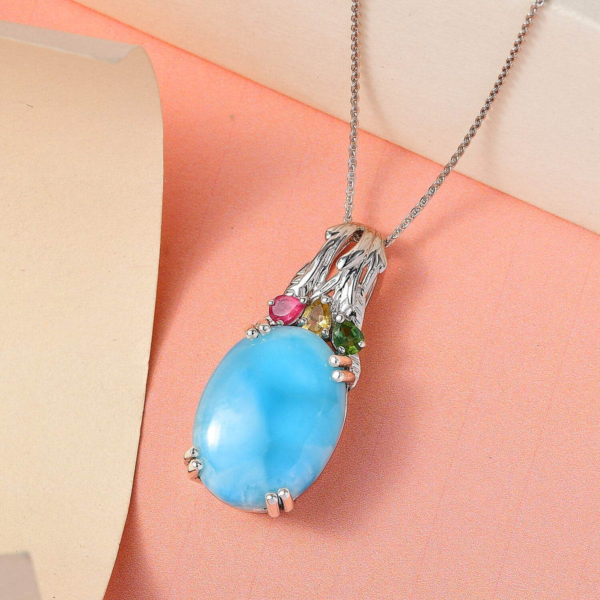 Larimar and Multi-Tourmaline Pendant with Chain (Size- 20) in Platinum Overlay Sterling Silver 17.96 Ct, Silver Wt. 6.29 Gms 4400699 3