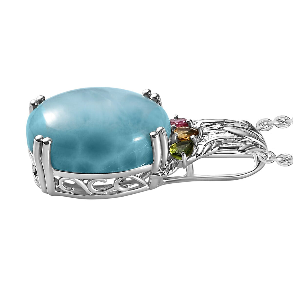 Larimar and Multi-Tourmaline Pendant with Chain (Size- 20) in Platinum Overlay Sterling Silver 17.96 Ct, Silver Wt. 6.29 Gms