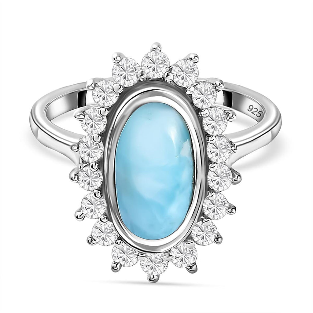 Larimar and Natural Cambodian Zircon Halo Ring in Platinum Overlay Sterling Silver 3.39 Ct.